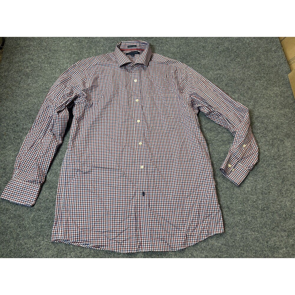 Tommy Hilfiger Dress Shirt Mens 15.5 32/33 Red Blue Gingham Non Iron Cotton LS
